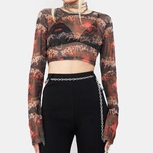 NGOrder 8 Sheer Mesh Top Long Sleeves Dragon Skulls NEW NWT Black Red